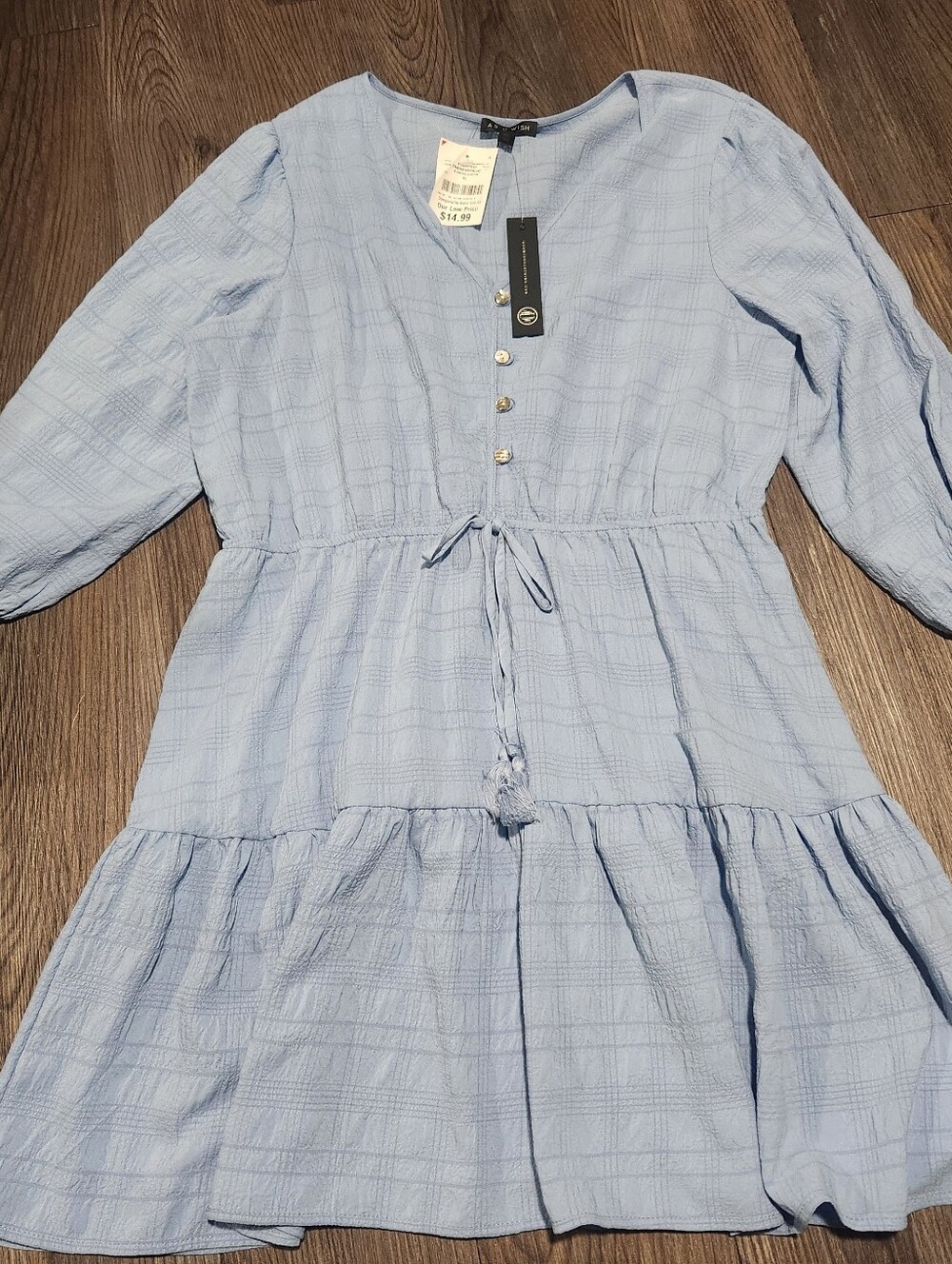 As U Wish Light Blue Button-Front Tiered Dress with Tie Waist